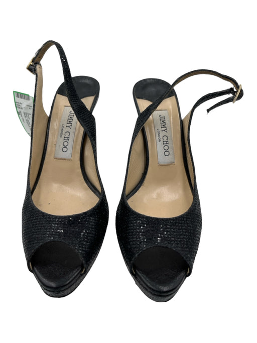 Jimmy Choo Shoe Size 36 Black Leather Shimmer Peep Toe Stiletto Slingback Shoes Black / 36
