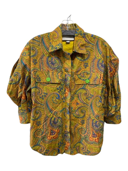 Alexis Size XS Yellow & Multi Cotton Paisley Button Up Puff Sleeve Collared Top Yellow & Multi / XS