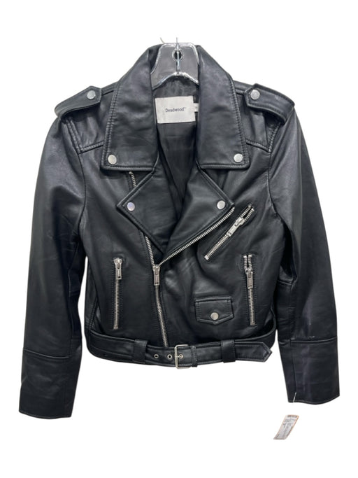 Deadwood Size 38 Black Leather Zipper Detail Belted Lapel Moto Jacket Black / 38