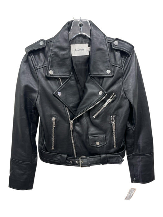 Deadwood Size 38 Black Leather Zipper Detail Belted Lapel Moto Jacket Black / 38