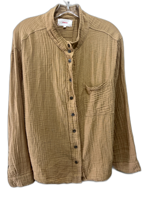 XiRENA Size M Tan Cotton Wrinkle Affect Button Up Patch Pocket Long Sleeve Top Tan / M