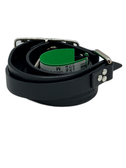 Dolce & Gabbana Black & Silver Leather Silver Hardware Logo Thin Belts Black & Silver / M