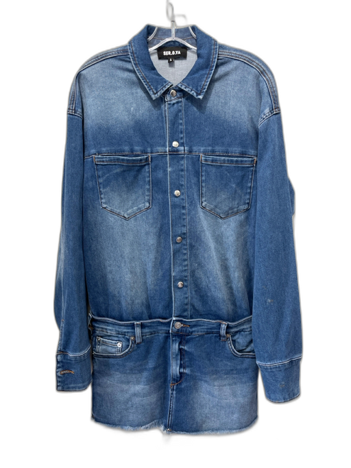 SER.O.YA Size L Blue Wash Cotton Blend Snap Button Long Sleeve Mini Dress Blue Wash / L