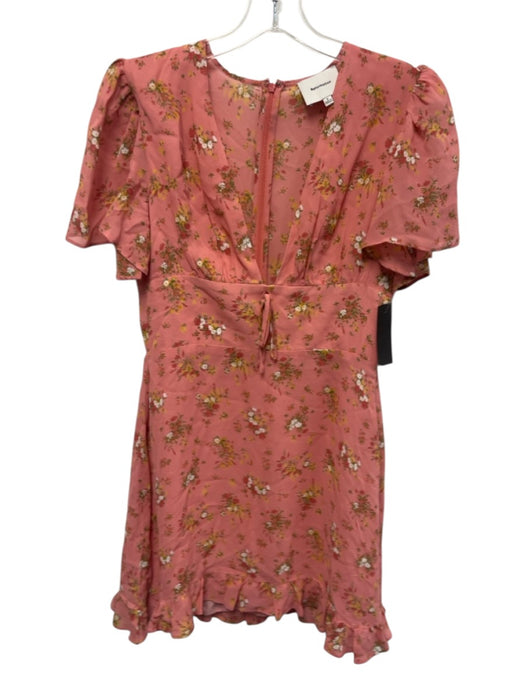 Reformation Size 6 Salmon Pink Print Viscose Back Zip Floral V Neck Dress Salmon Pink Print / 6