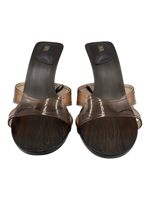 Zara Shoe Size 37 Chocolate Brown PVC Wooden Heel Open Toe Mule Wedge Sandals Chocolate Brown / 37