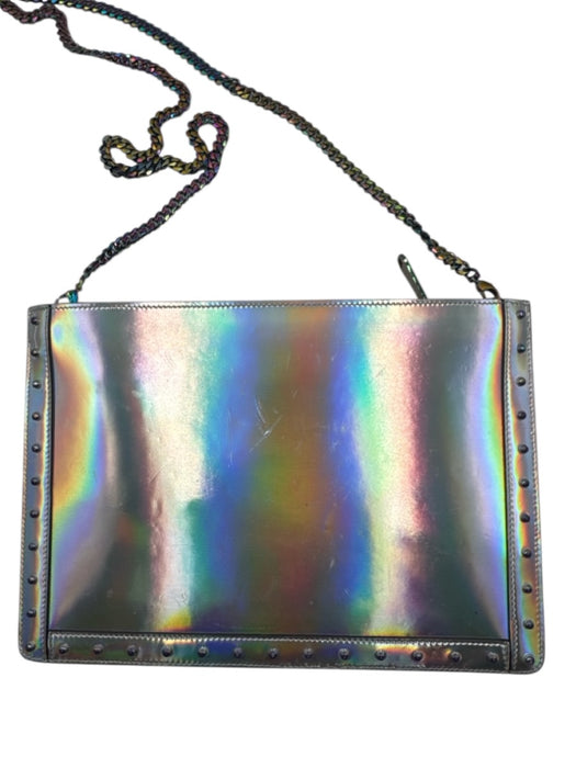 Balmain Iridescent Silver Patent Leather Studded Logo Chain Strap Clutch Bag Iridescent Silver / Small