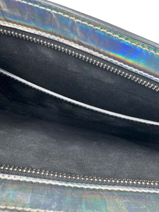Balmain Iridescent Silver Patent Leather Studded Logo Chain Strap Clutch Bag Iridescent Silver / Small