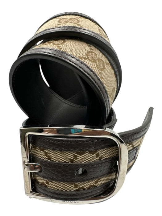 Gucci Brown & Beige Leather & Canvas Silver Buckle Guccissima Belts Brown & Beige / 90/36"