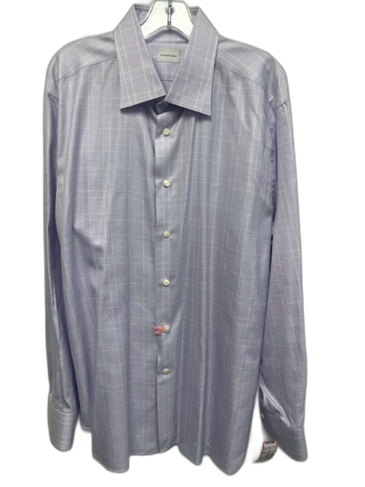 Zegna Size 18 Purple & White Cotton Grid Button Up Men's Long Sleeve Shirt Purple & White / 18