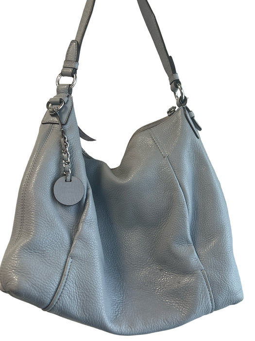 Michael Kors Blue Gray Leather Top Handle Zip Close Tassel Silver hardware Bag