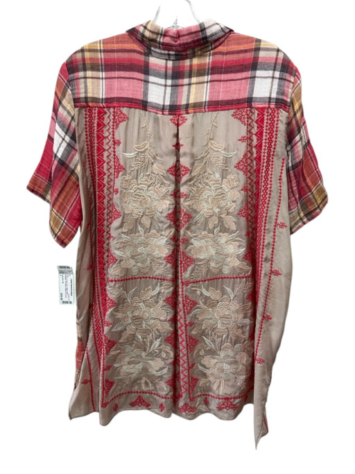 Lafayette 148 Size L Pink & Cream Print Cotton Blend Gingham 3/4 Sleeve Top Pink & Cream Print / L