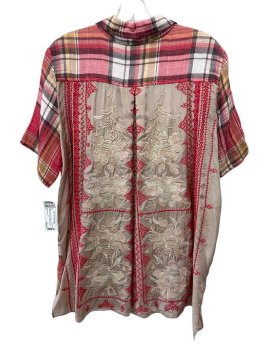 Lafayette 148 Size L Pink & Cream Print Cotton Blend Gingham 3/4 Sleeve Top Pink & Cream Print / L