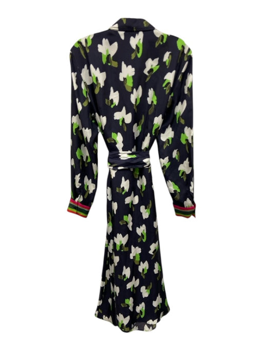 Escada Size 40 Navy Blue, Green & White Silk Abstract Floral Long Sleeve Dress Navy Blue, Green & White / 40