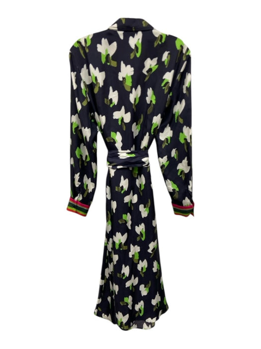 Escada Size 40 Navy Blue, Green & White Silk Abstract Floral Long Sleeve Dress Navy Blue, Green & White / 40