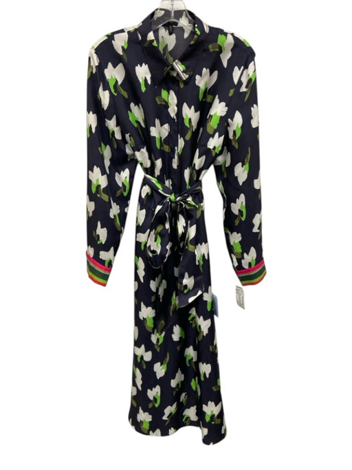 Escada Size 40 Navy Blue, Green & White Silk Abstract Floral Long Sleeve Dress Navy Blue, Green & White / 40
