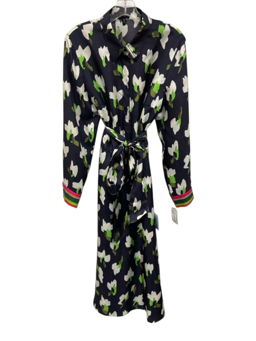 Escada Size 40 Navy Blue, Green & White Silk Abstract Floral Long Sleeve Dress Navy Blue, Green & White / 40