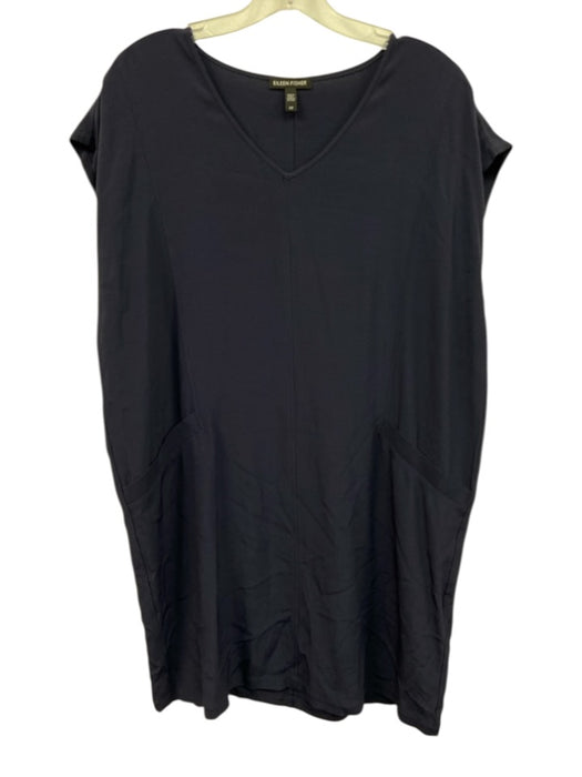 Eileen Fisher Size S Navy Blue Lyocell blend Cap Sleeve V Neck Pocketed Dress Navy Blue / S