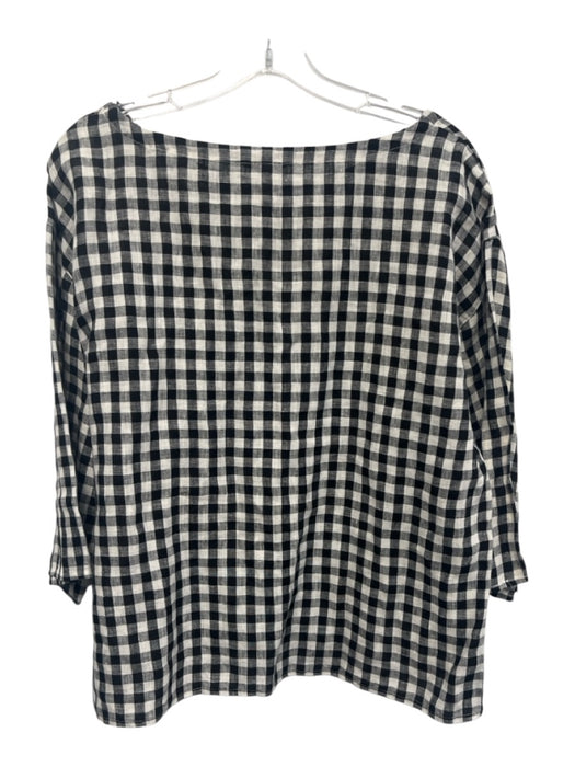Eileen Fisher Size S White & Black Linen Gingham 3/4 Sleeve Boat Neck Top White & Black / S