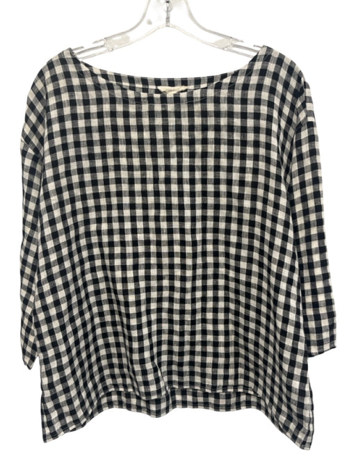 Eileen Fisher Size S White & Black Linen Gingham 3/4 Sleeve Boat Neck Top White & Black / S