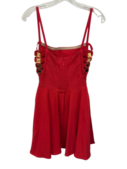 Herve Leger Size S Red Rayon Blend Bandage Strap Mini Gold Tone Hardware Dress Red / S