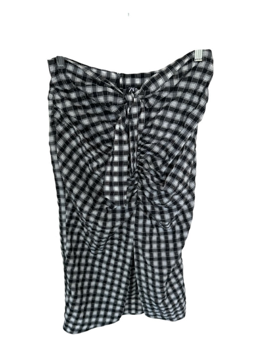 Zara Size S Black & White Cotton Blend Back Zip Checkered Front Tie Midi Skirt Black & White / S
