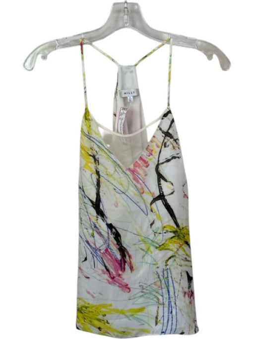 Milly Size 4 White & Multi Silk Spaghetti Strap Mesh Detail Abstract Pattern Top White & Multi / 4