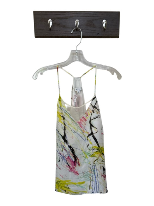 Milly Size 4 White & Multi Silk Spaghetti Strap Mesh Detail Abstract Pattern Top White & Multi / 4