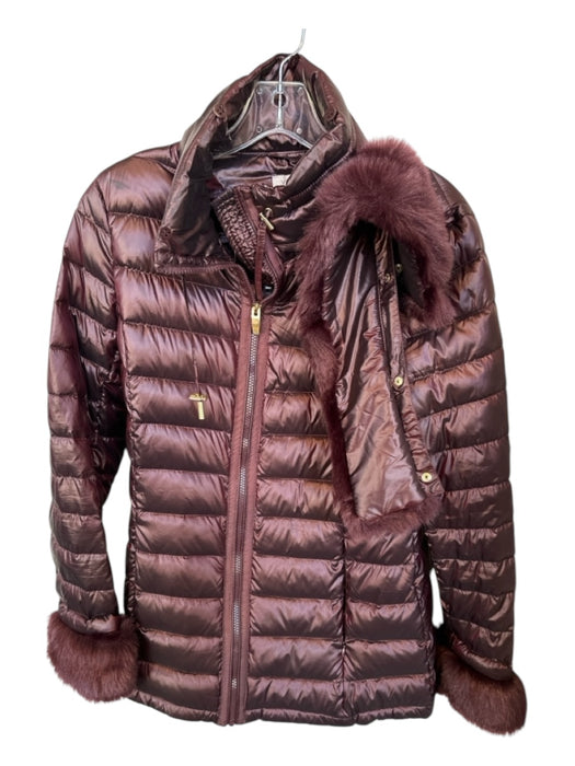 Via Spiga Size S Maroon Nylon Hood Puffer Faux Fur Athletic Jacket Maroon / S