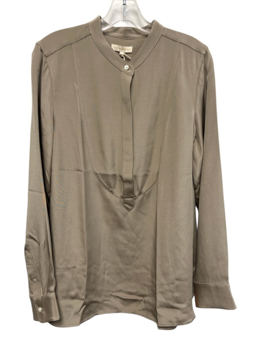 Ann Mashburn Size Large Taupe Gray Silk Long Sleeve Half Button Satin Tunic Top Taupe Gray / Large