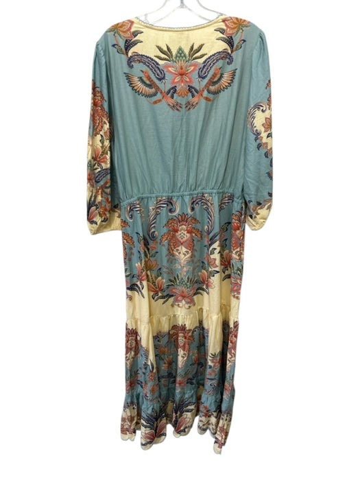 Farm Rio Size XL Blue & Multi Linen & Viscose 3/4 Sleeve Split Neck Floral Dress Blue & Multi / XL