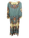 Farm Rio Size XL Blue & Multi Linen & Viscose 3/4 Sleeve Split Neck Floral Dress Blue & Multi / XL