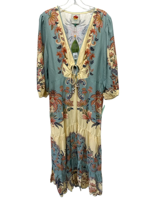 Farm Rio Size XL Blue & Multi Linen & Viscose 3/4 Sleeve Split Neck Floral Dress Blue & Multi / XL