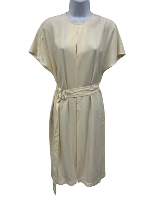 Burberry Size 6 Cream Viscose Short Sleeve Back Zip Pleat Dress Cream / 6