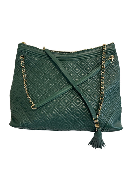 Tory Burch Dark Green Leather Zip Close Logo Chain Strap Tote Bag Dark Green / Large