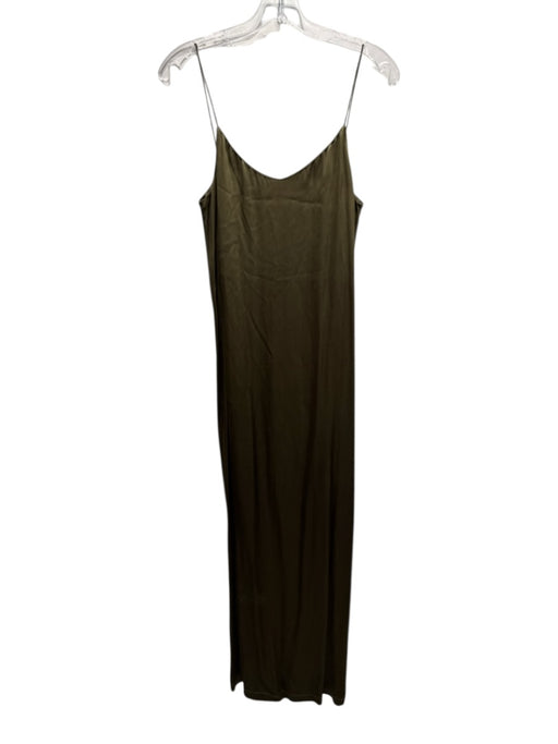 Ganni Size XS Olive Green Viscose Satin Spaghetti Strap Slip Dress Maxi Dress Olive Green / XS