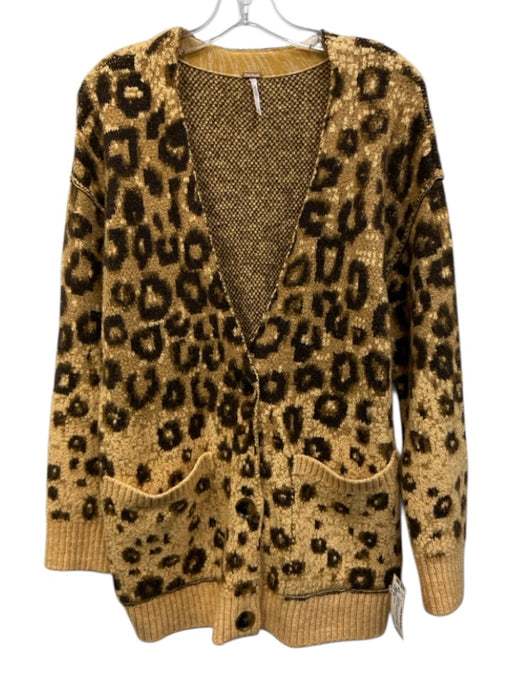 Free People Size XS Beige & Brown print Cotton Blend Leopard Chunky Cardigan Beige & Brown print / XS