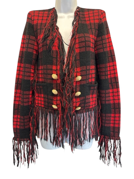 Balmain Size 36 Red & Black Mohair Blend Plaid Fringe Double Breasted Jacket Red & Black / 36