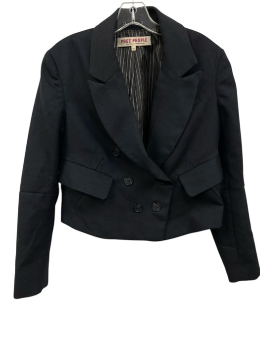Free People Size XS Black & Navy Polyester Blend Double Breast Cropped Blazer Black & Navy / XS