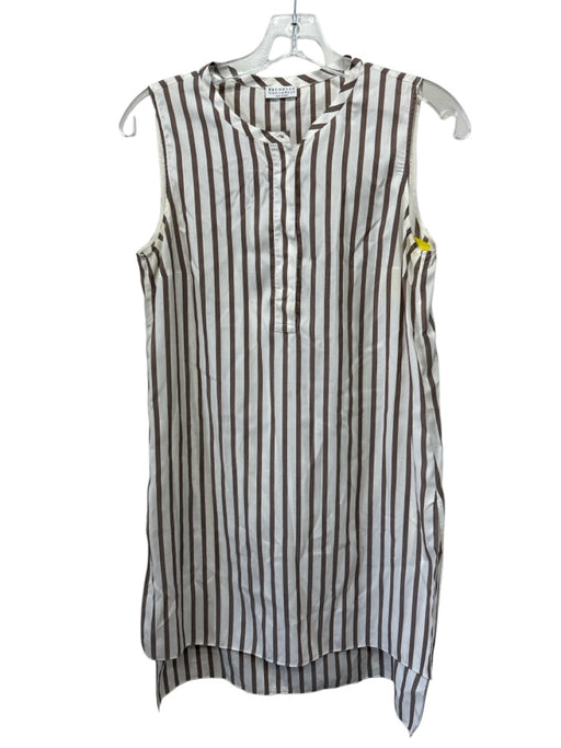 Brunello Cucinelli Size S Brown & Cream Silk Sleeveless Stripe Buttons Dress Brown & Cream / S