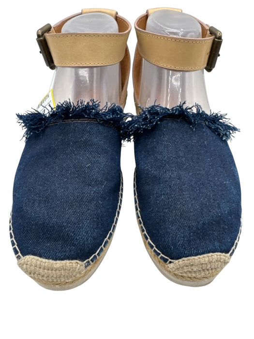 See By Chloe Shoe Size 39 Blue & Beige Canvas Ankle Buckle Platform Espadrille Blue & Beige / 39