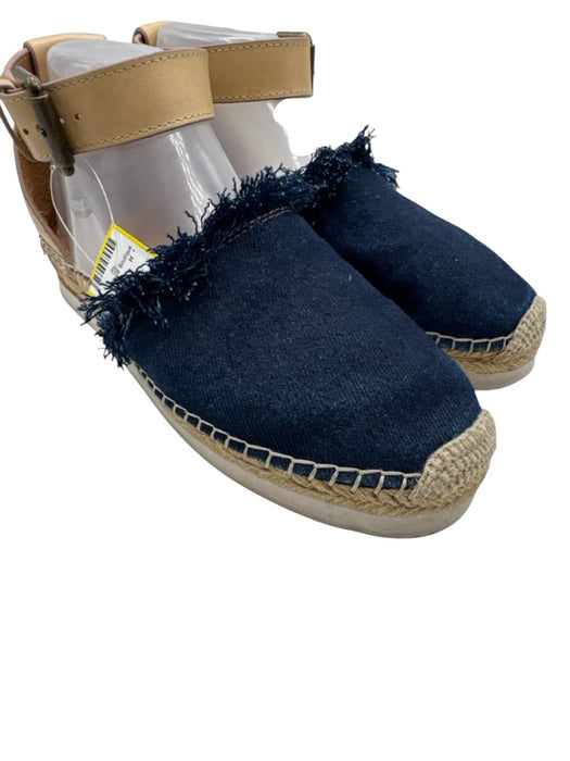 See By Chloe Shoe Size 39 Blue & Beige Canvas Ankle Buckle Platform Espadrille Blue & Beige / 39