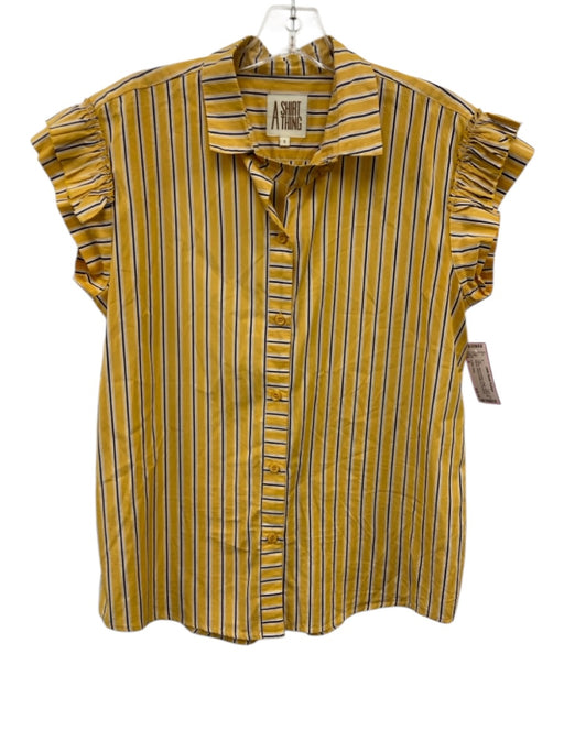 A Shirt Thing Size S Yellow, Navy & White Cotton Ruffle Cap Sleeve Striped Top Yellow, Navy & White / S