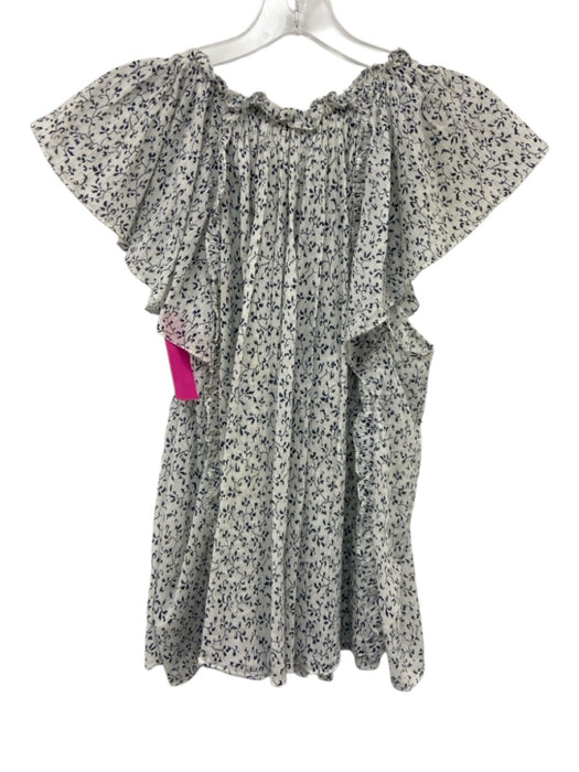 Ulla Johnson Size 4 White & Navy Cotton V Neck Ruffle Cap Sleeve Top White & Navy / 4