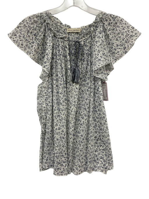 Ulla Johnson Size 4 White & Navy Cotton V Neck Ruffle Cap Sleeve Top White & Navy / 4