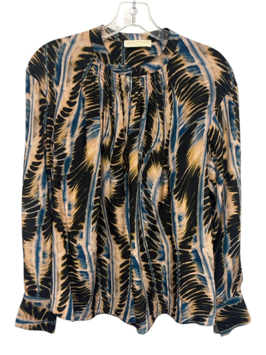 Ulla Johnson Size 4 Blue, Black & Beige Silk Long Sleeve Tie Dye Half Button Top Blue, Black & Beige / 4