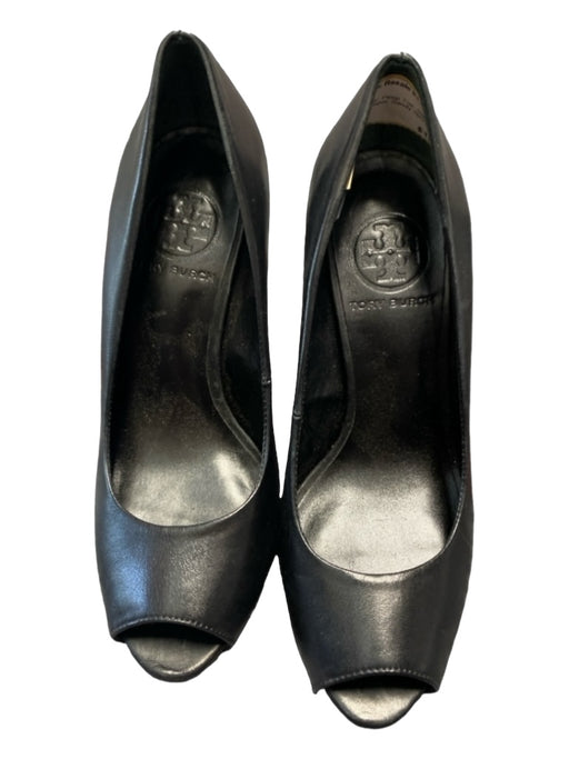 Tory Burch Shoe Size 5.5 Black Leather Peep Toe Stacked Pump Block heel Shoes Black / 5.5