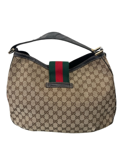 Gucci Brown Canvas Monogram Snap Shoulder Bag Leather trim Bag Brown