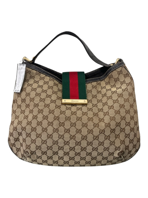 Gucci Brown Canvas Monogram Snap Shoulder Bag Leather trim Bag Brown