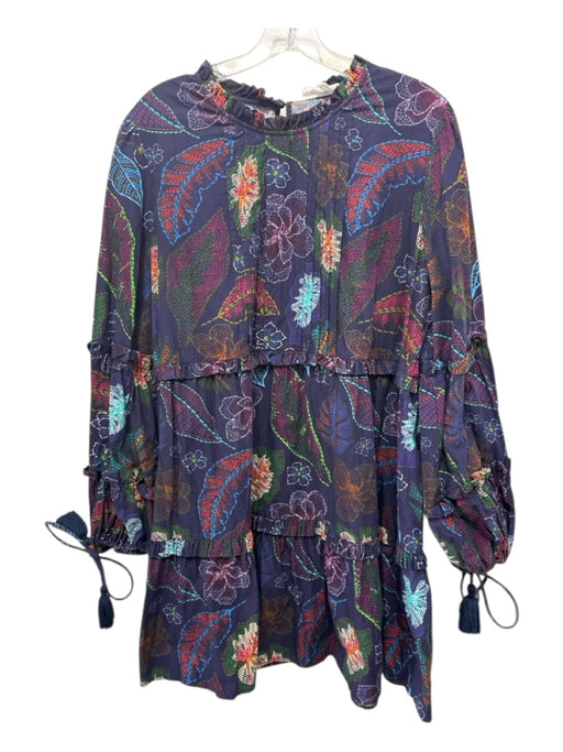 Allison New York Size L Navy Blue, Purple, Multi Cotton Long Sleeve Tiered Dress Navy Blue, Purple, Multi / L