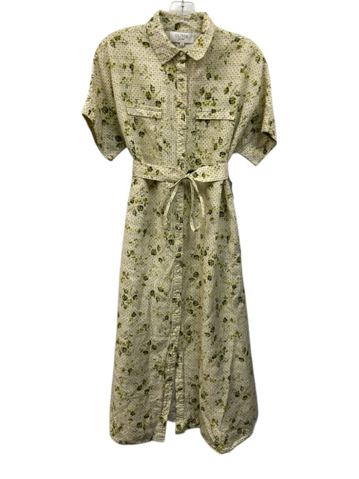 Olivia by Livro Size M Cream White & Green Cotton Linen Floral Grid Dress Cream White & Green / M